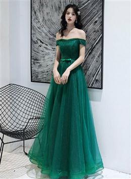 Picture of Dark Green Tulle Beaded Off Shoulder Long Party Dress, A-line Long Evening Dress